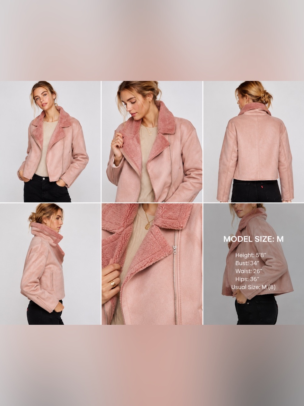 Zara Pink Faux Suede Sherpa Moto Jacket Size Medium